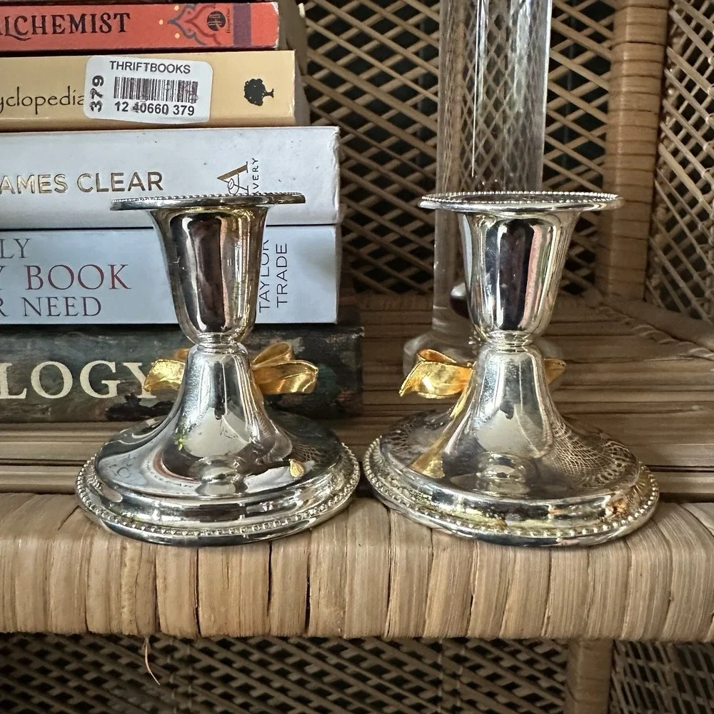 Silver‎ Gold Tone Bow Candlestick Holders Set Of Two